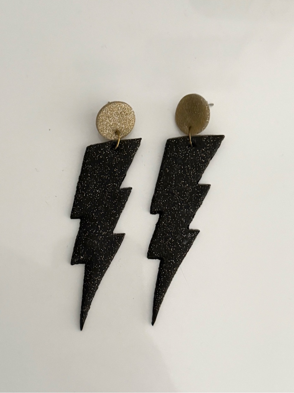 Black Glitter Lightning Bolt Drop Earrings with Gold Studs